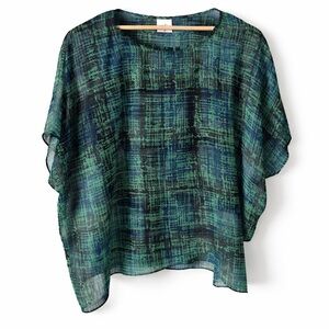 CABI Blue Green Chiffon Blouse Asymmetrical Hem Double Layer Medium